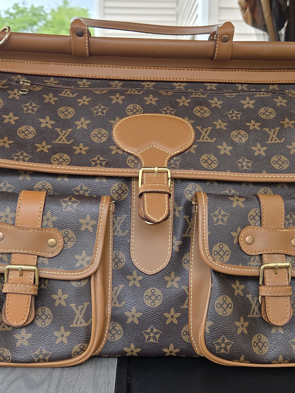 Large Brown Monogram Travel Duffel Bag Carry On Weekender 20" Multi Pocket - Picture 16 of 16